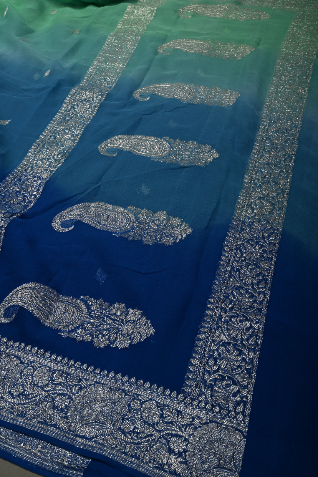 Shades of Ocean Color Ombre Pure Silk Banarasi Chiffon Saree with Siver Zari Buttas and Border | SILK MARK CERTIFIED | SHOBITAM