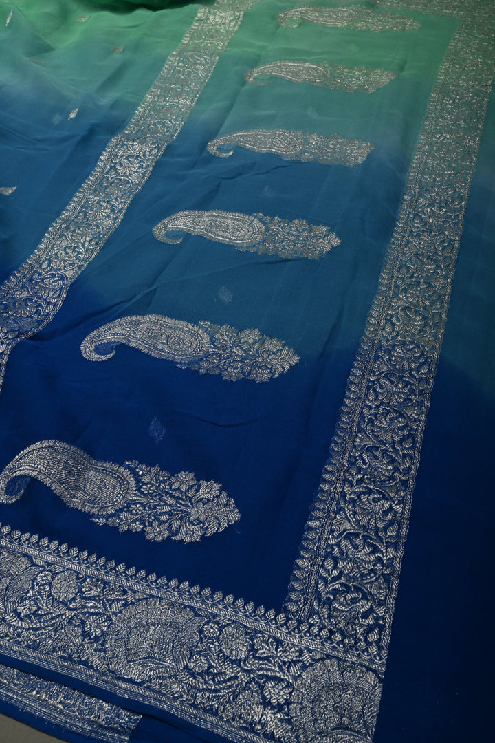 Shades of Ocean Color Ombre Pure Silk Banarasi Chiffon Saree with Siver Zari Buttas and Border | SILK MARK CERTIFIED | SHOBITAM
