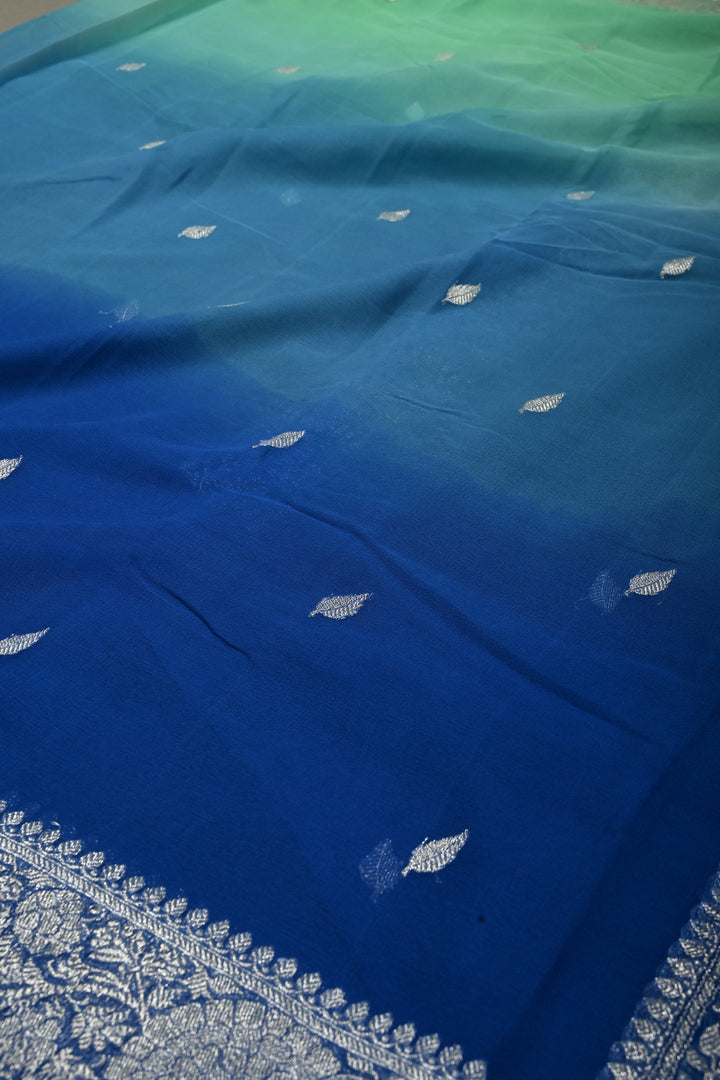 Shades of Ocean Color Ombre Pure Silk Banarasi Chiffon Saree with Siver Zari Buttas and Border | SILK MARK CERTIFIED | SHOBITAM