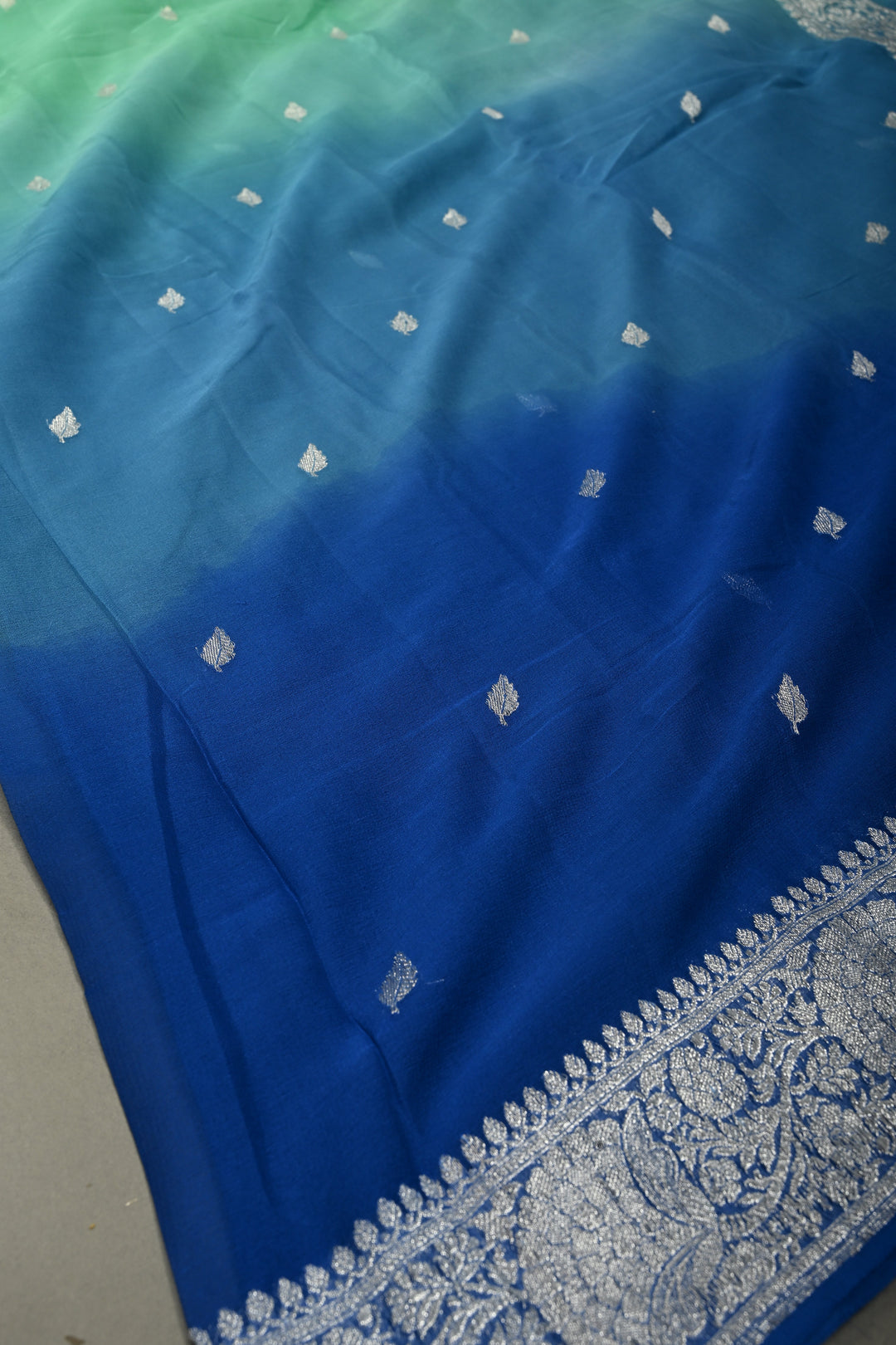 Shades of Ocean Color Ombre Pure Silk Banarasi Chiffon Saree with Siver Zari Buttas and Border | SILK MARK CERTIFIED | SHOBITAM