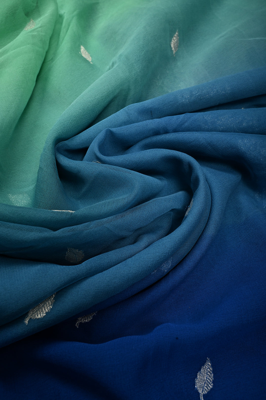 Shades of Ocean Color Ombre Pure Silk Banarasi Chiffon Saree with Siver Zari Buttas and Border | SILK MARK CERTIFIED | SHOBITAM