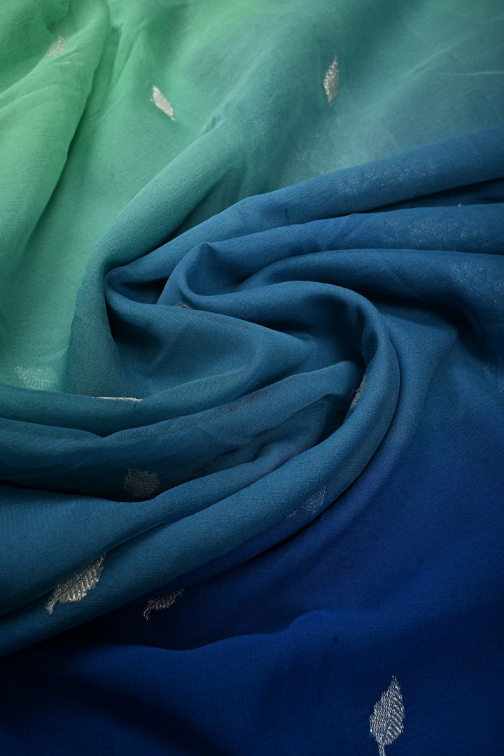Shades of Ocean Color Ombre Pure Silk Banarasi Chiffon Saree with Siver Zari Buttas and Border | SILK MARK CERTIFIED | SHOBITAM