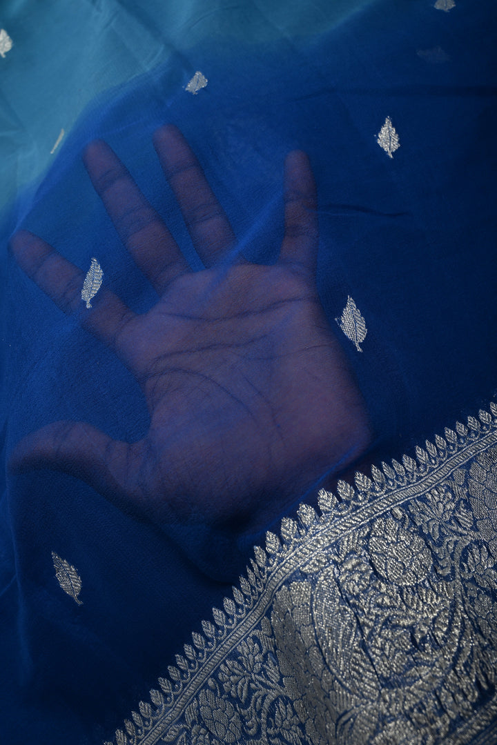 Shades of Ocean Color Ombre Pure Silk Banarasi Chiffon Saree with Siver Zari Buttas and Border | SILK MARK CERTIFIED | SHOBITAM