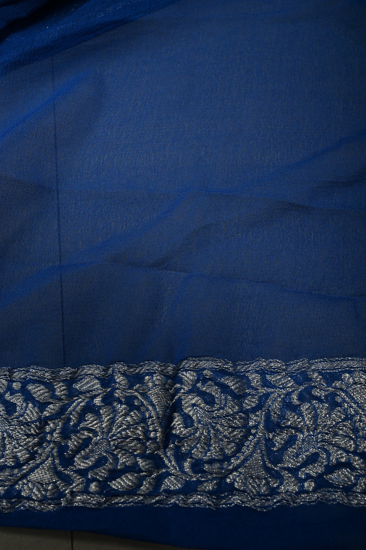Shades of Ocean Color Ombre Pure Silk Banarasi Chiffon Saree with Siver Zari Buttas and Border | SILK MARK CERTIFIED | SHOBITAM
