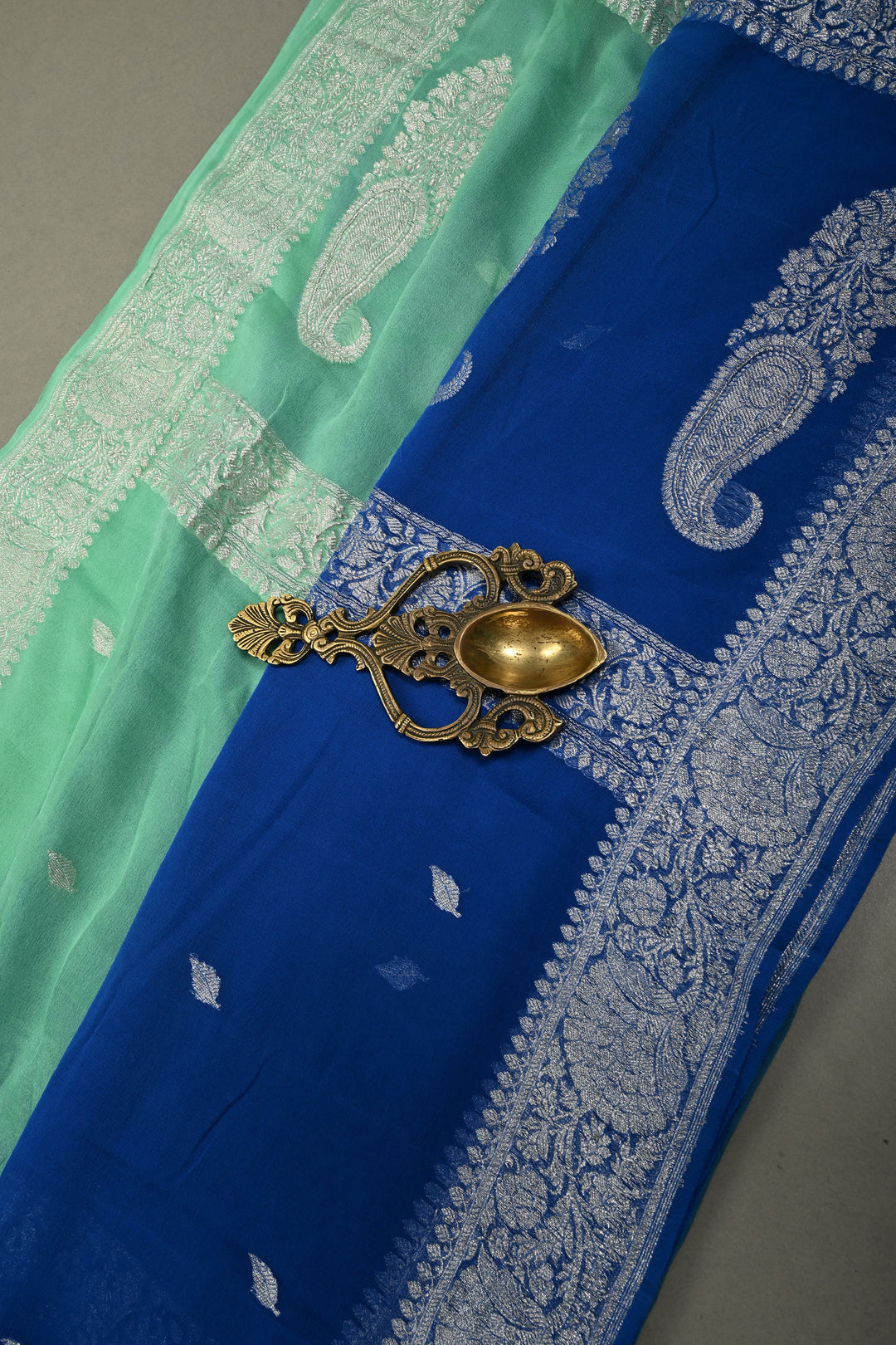 Shades of Ocean Color Ombre Pure Silk Banarasi Chiffon Saree with Siver Zari Buttas and Border | SILK MARK CERTIFIED | SHOBITAM