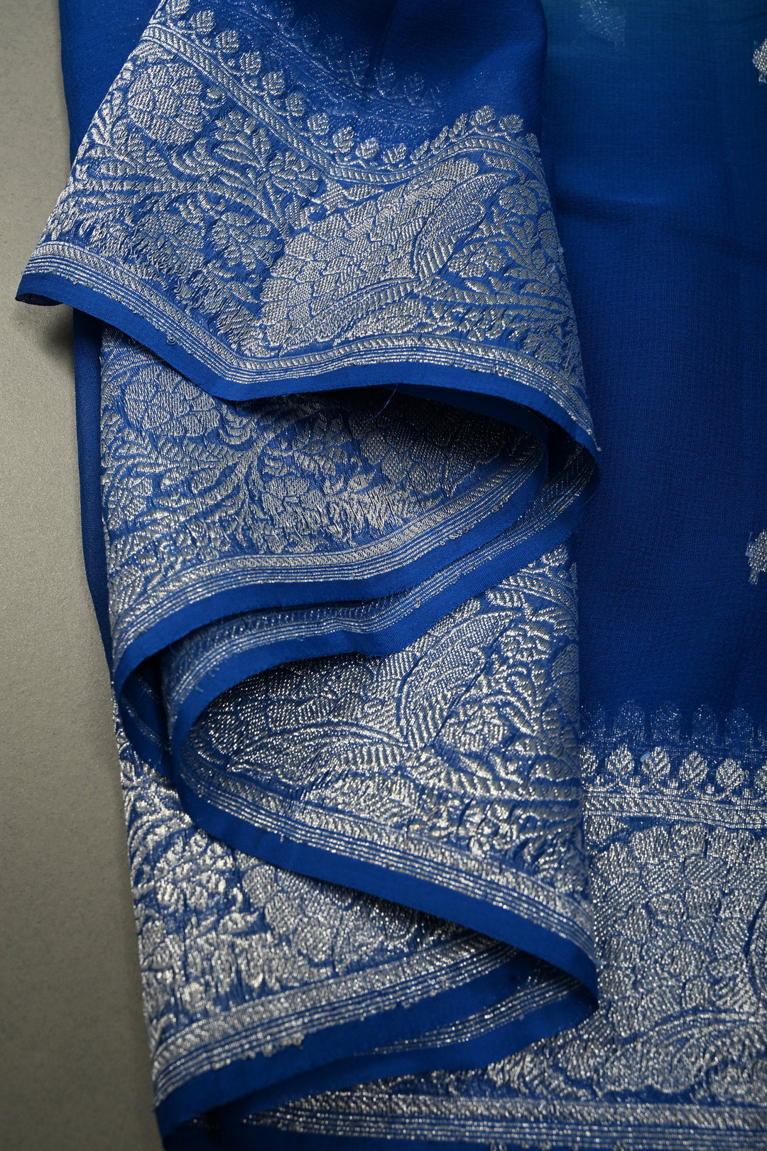 Shades of Ocean Color Ombre Pure Silk Banarasi Chiffon Saree with Siver Zari Buttas and Border | SILK MARK CERTIFIED | SHOBITAM
