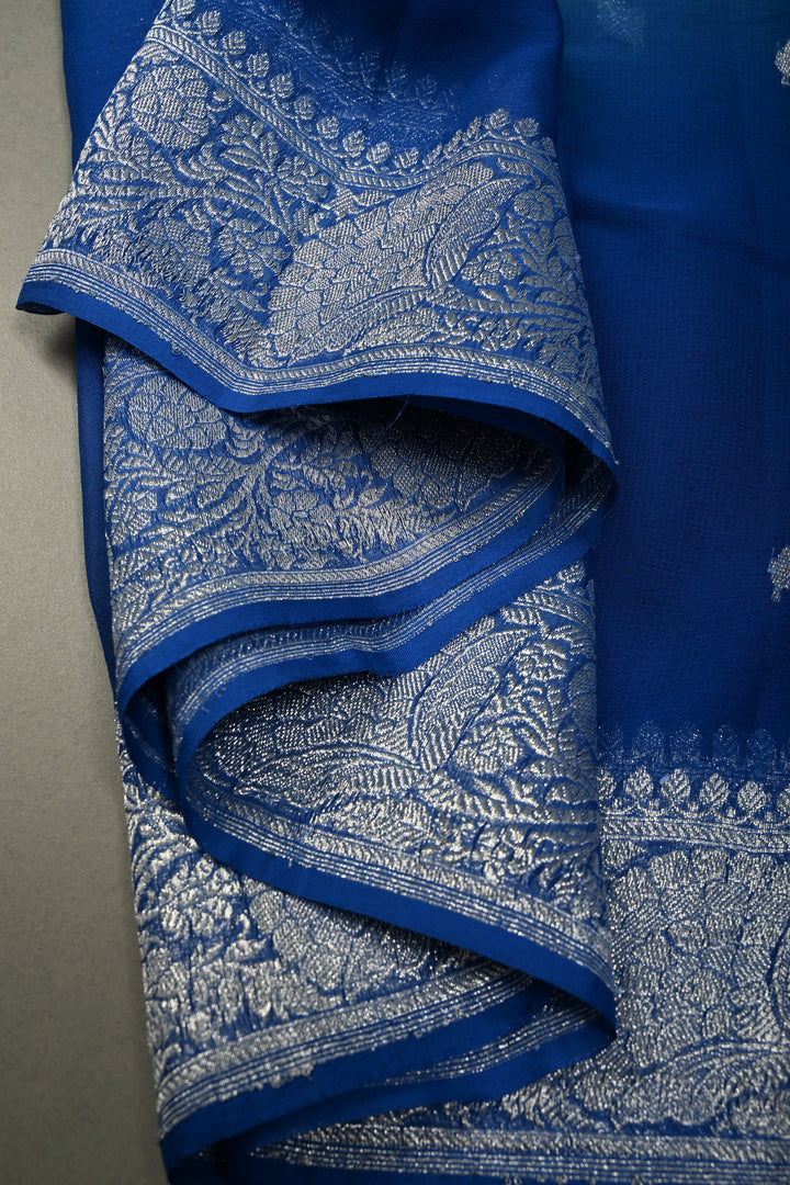 Shades of Ocean Color Ombre Pure Silk Banarasi Chiffon Saree with Siver Zari Buttas and Border | SILK MARK CERTIFIED | SHOBITAM