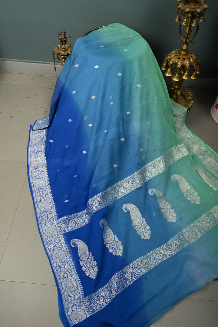 Shades of Ocean Color Ombre Pure Silk Banarasi Chiffon Saree with Siver Zari Buttas and Border | SILK MARK CERTIFIED | SHOBITAM