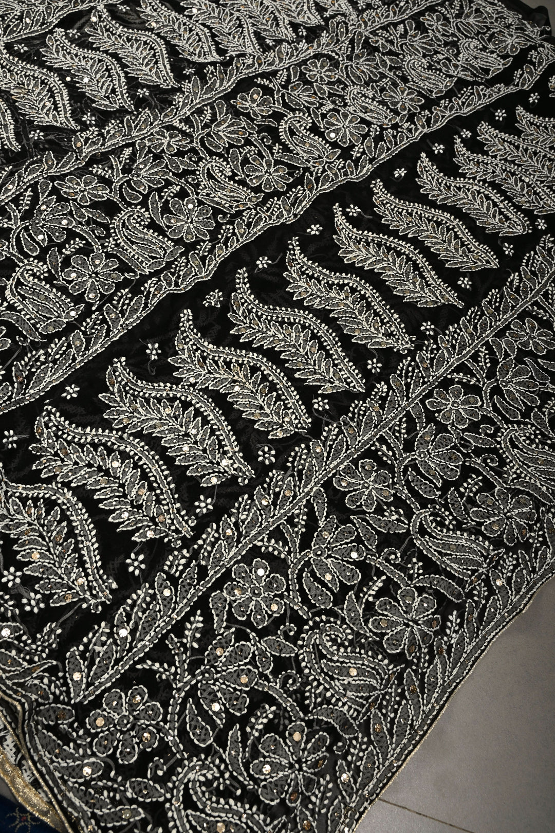 Royal Black Hand-Embroidered Full Jaal Chikankari Georgette Saree with Mukesh work and Contrast Kanjivaram Border | SHOBITAM