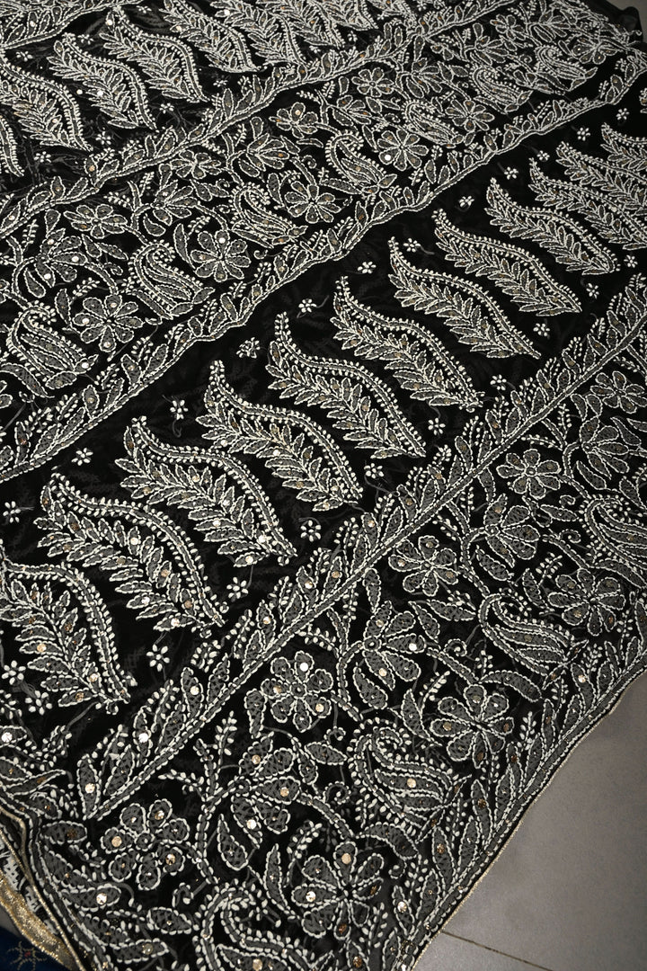 Royal Black Hand-Embroidered Full Jaal Chikankari Georgette Saree with Mukesh work and Contrast Kanjivaram Border | SHOBITAM