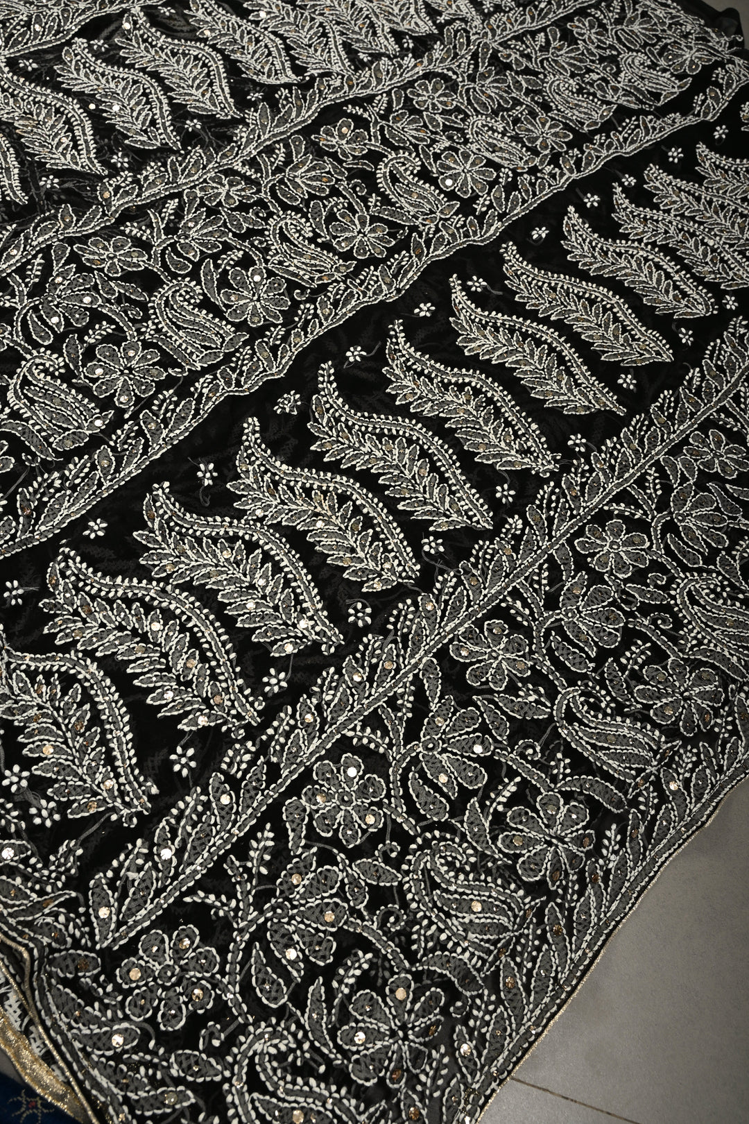 Royal Black Hand-Embroidered Full Jaal Chikankari Georgette Saree with Mukesh work and Contrast Kanjivaram Border | SHOBITAM