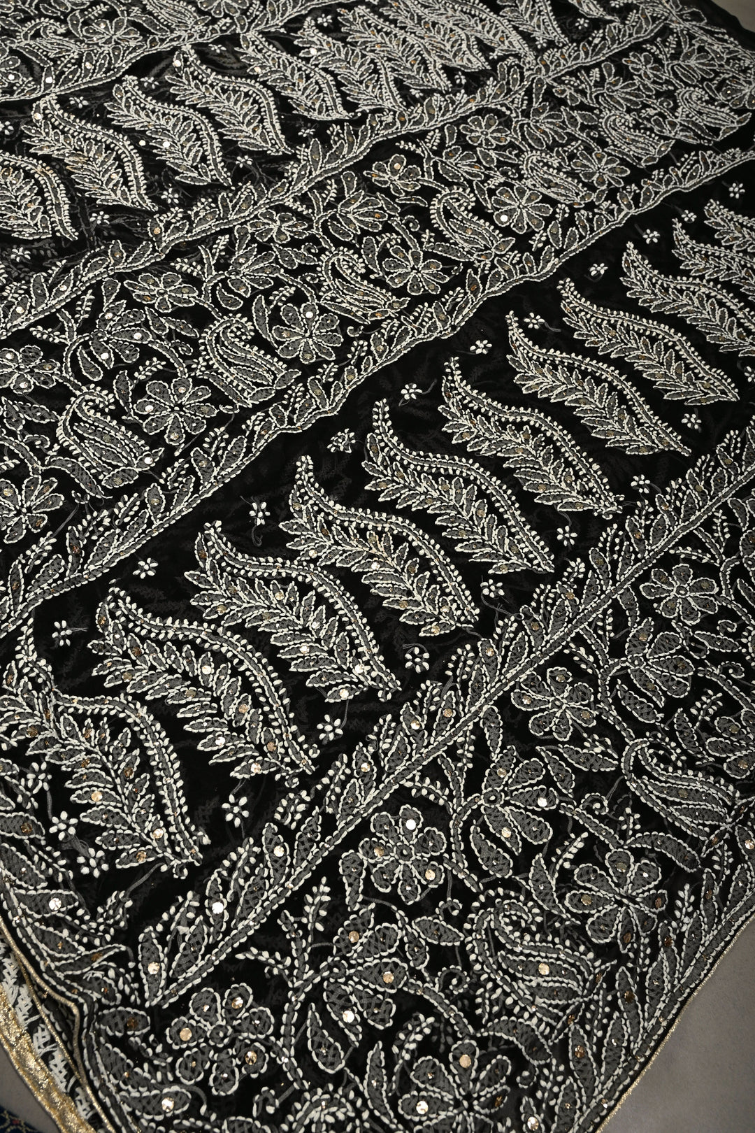 Royal Black Hand-Embroidered Full Jaal Chikankari Georgette Saree with Mukesh work and Contrast Kanjivaram Border | SHOBITAM