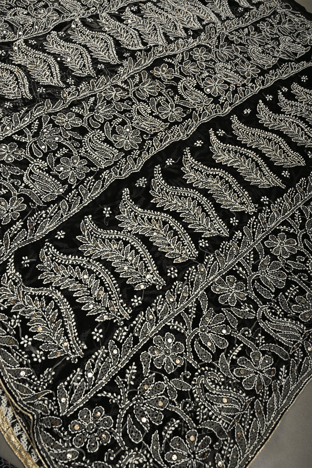 Royal Black Hand-Embroidered Full Jaal Chikankari Georgette Saree with Mukesh work and Contrast Kanjivaram Border | SHOBITAM