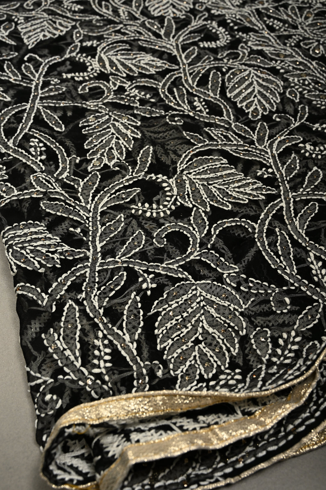 Royal Black Hand-Embroidered Full Jaal Chikankari Georgette Saree with Mukesh work and Contrast Kanjivaram Border | SHOBITAM