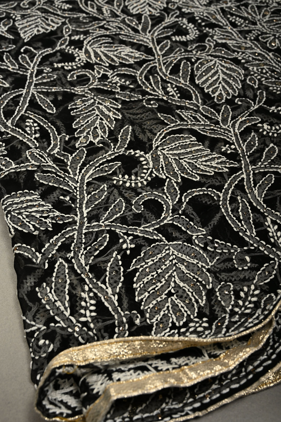 Royal Black Hand-Embroidered Full Jaal Chikankari Georgette Saree with Mukesh work and Contrast Kanjivaram Border | SHOBITAM