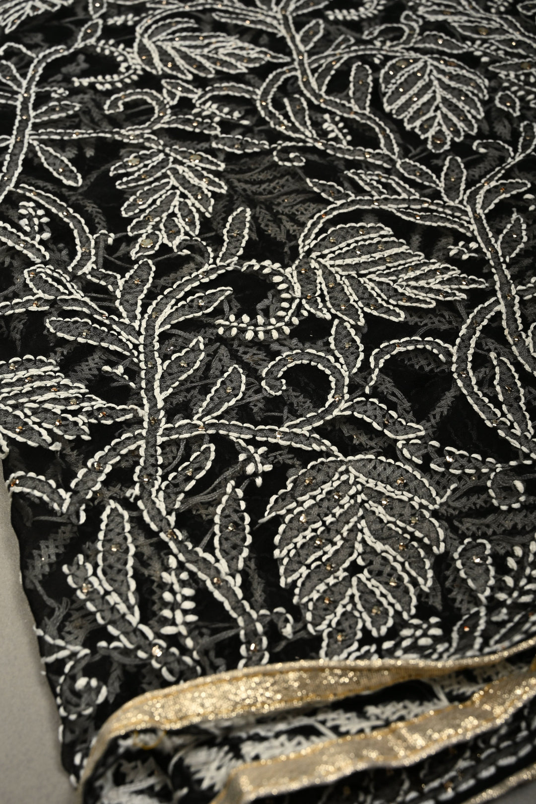 Royal Black Hand-Embroidered Full Jaal Chikankari Georgette Saree with Mukesh work and Contrast Kanjivaram Border | SHOBITAM