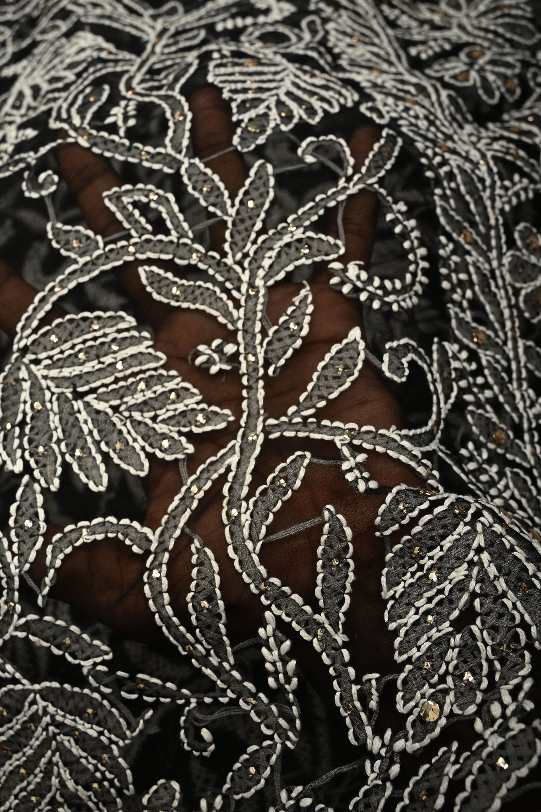 Royal Black Hand-Embroidered Full Jaal Chikankari Georgette Saree with Mukesh work and Contrast Kanjivaram Border | SHOBITAM
