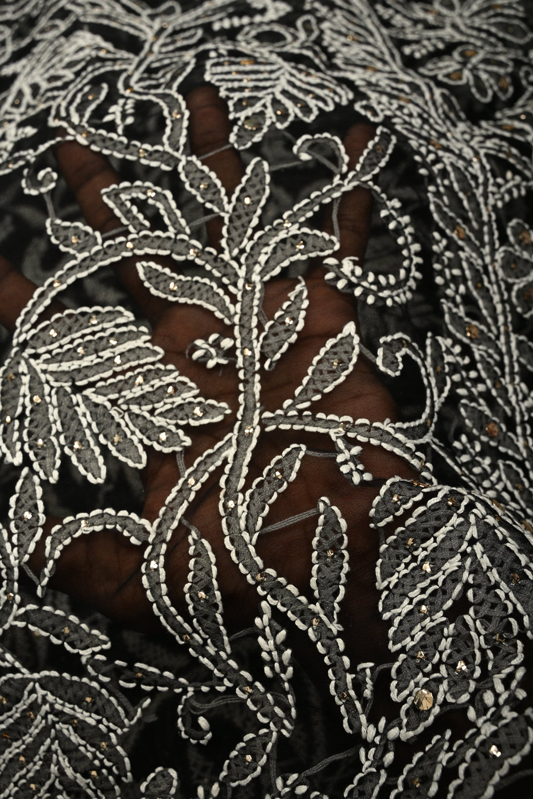 Royal Black Hand-Embroidered Full Jaal Chikankari Georgette Saree with Mukesh work and Contrast Kanjivaram Border | SHOBITAM