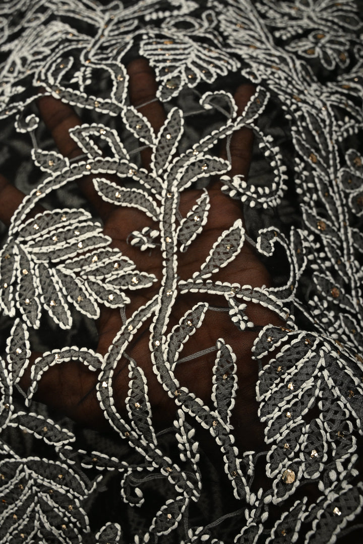 Royal Black Hand-Embroidered Full Jaal Chikankari Georgette Saree with Mukesh work and Contrast Kanjivaram Border | SHOBITAM