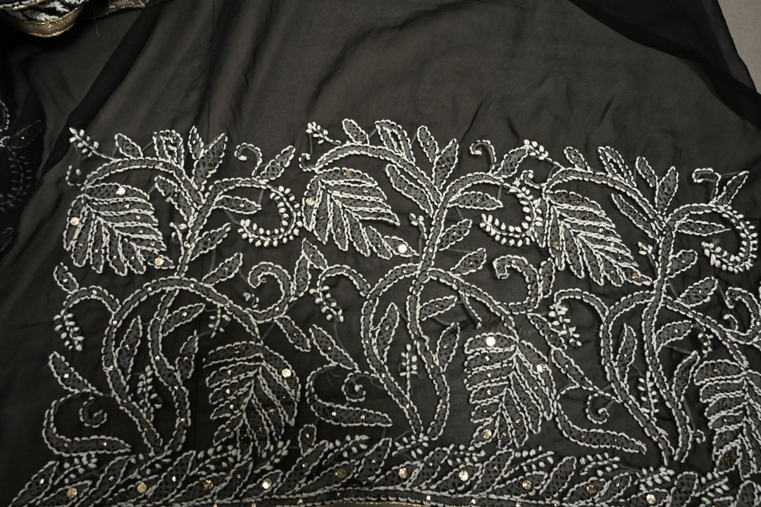 Royal Black Hand-Embroidered Full Jaal Chikankari Georgette Saree with Mukesh work and Contrast Kanjivaram Border | SHOBITAM