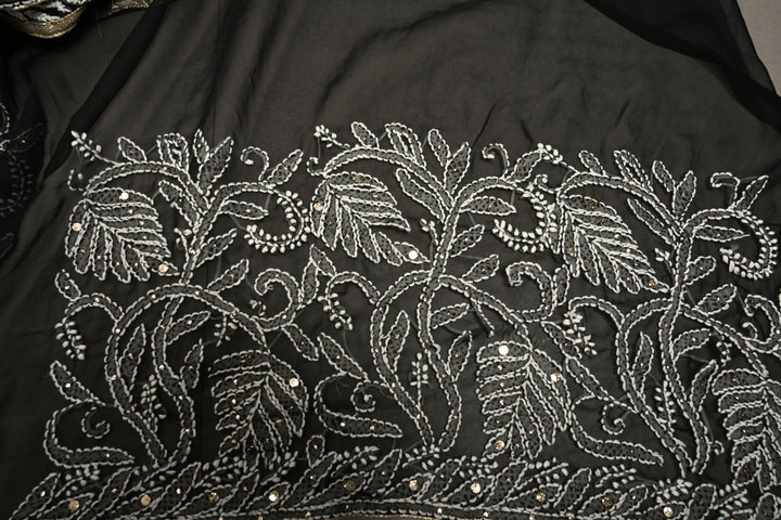 Royal Black Hand-Embroidered Full Jaal Chikankari Georgette Saree with Mukesh work and Contrast Kanjivaram Border | SHOBITAM
