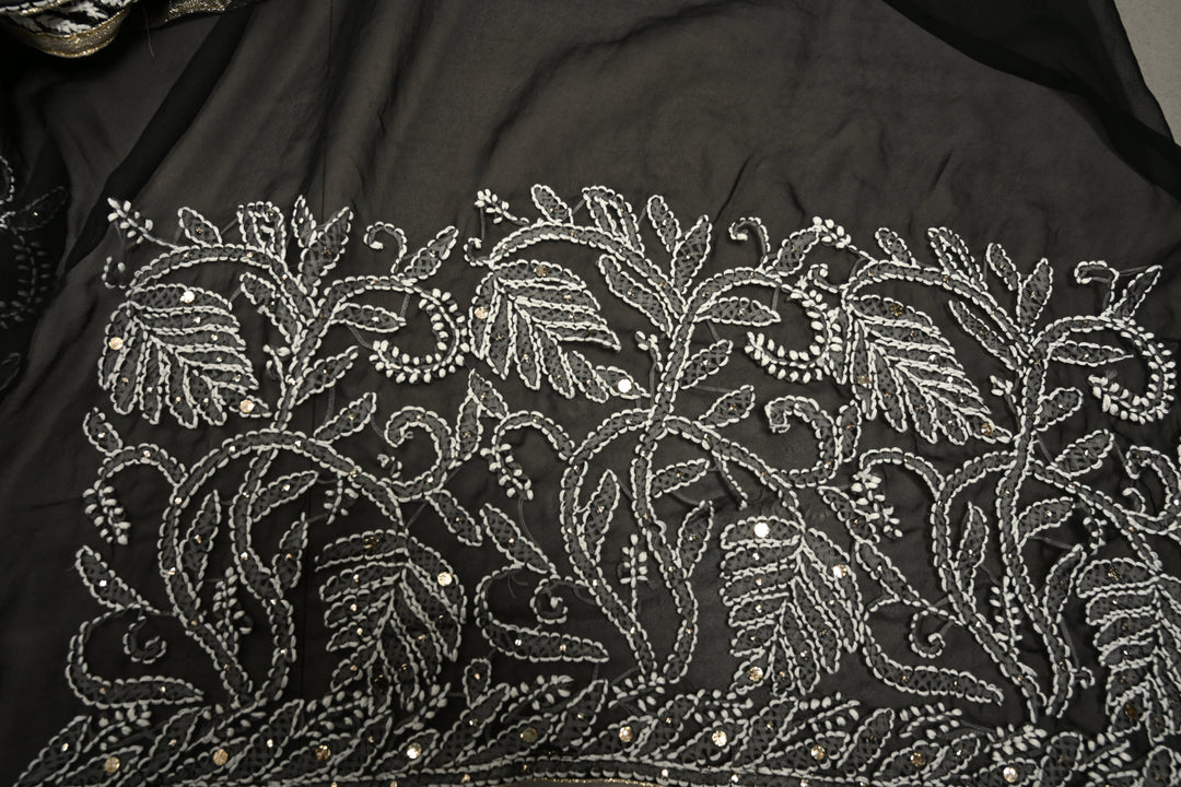Royal Black Hand-Embroidered Full Jaal Chikankari Georgette Saree with Mukesh work and Contrast Kanjivaram Border | SHOBITAM
