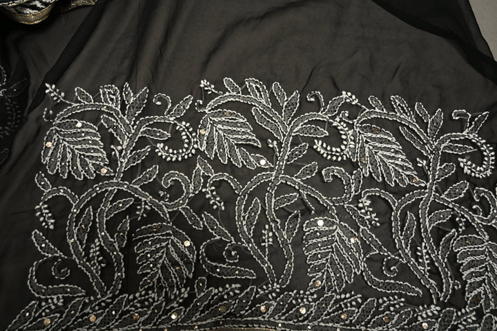 Royal Black Hand-Embroidered Full Jaal Chikankari Georgette Saree with Mukesh work and Contrast Kanjivaram Border | SHOBITAM