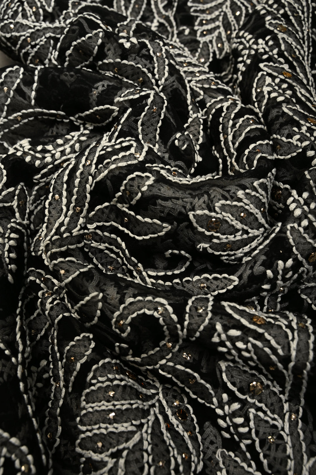 Royal Black Hand-Embroidered Full Jaal Chikankari Georgette Saree with Mukesh work and Contrast Kanjivaram Border | SHOBITAM