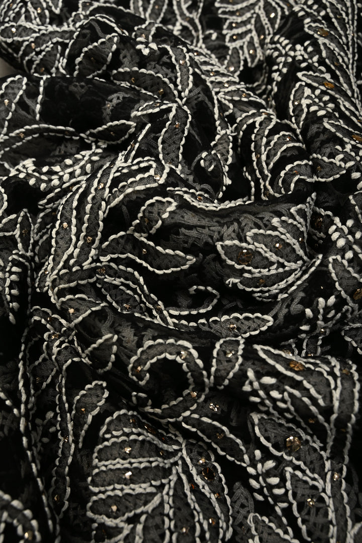 Royal Black Hand-Embroidered Full Jaal Chikankari Georgette Saree with Mukesh work and Contrast Kanjivaram Border | SHOBITAM