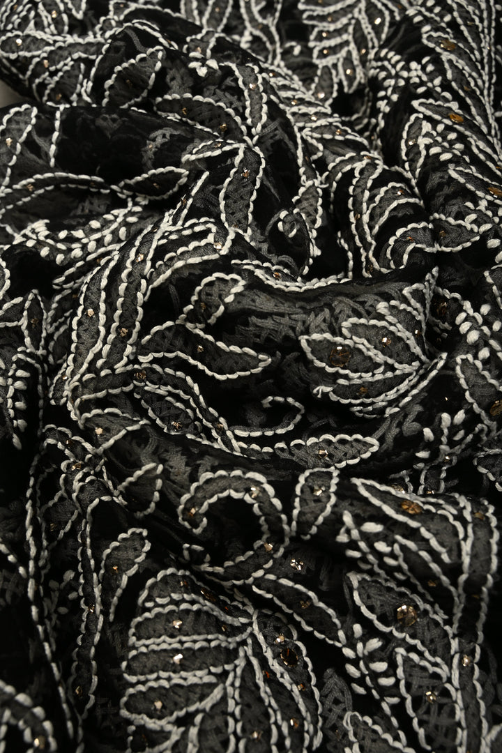Royal Black Hand-Embroidered Full Jaal Chikankari Georgette Saree with Mukesh work and Contrast Kanjivaram Border | SHOBITAM