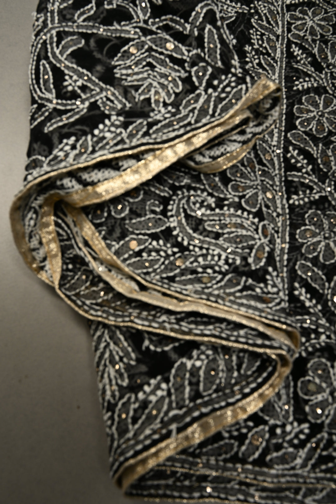 Royal Black Hand-Embroidered Full Jaal Chikankari Georgette Saree with Mukesh work and Contrast Kanjivaram Border | SHOBITAM