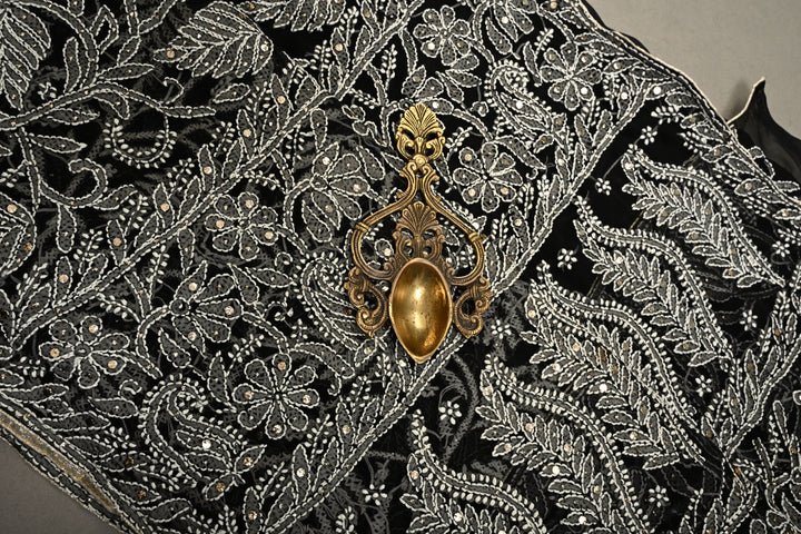 Royal Black Hand-Embroidered Full Jaal Chikankari Georgette Saree with Mukesh work and Contrast Kanjivaram Border | SHOBITAM
