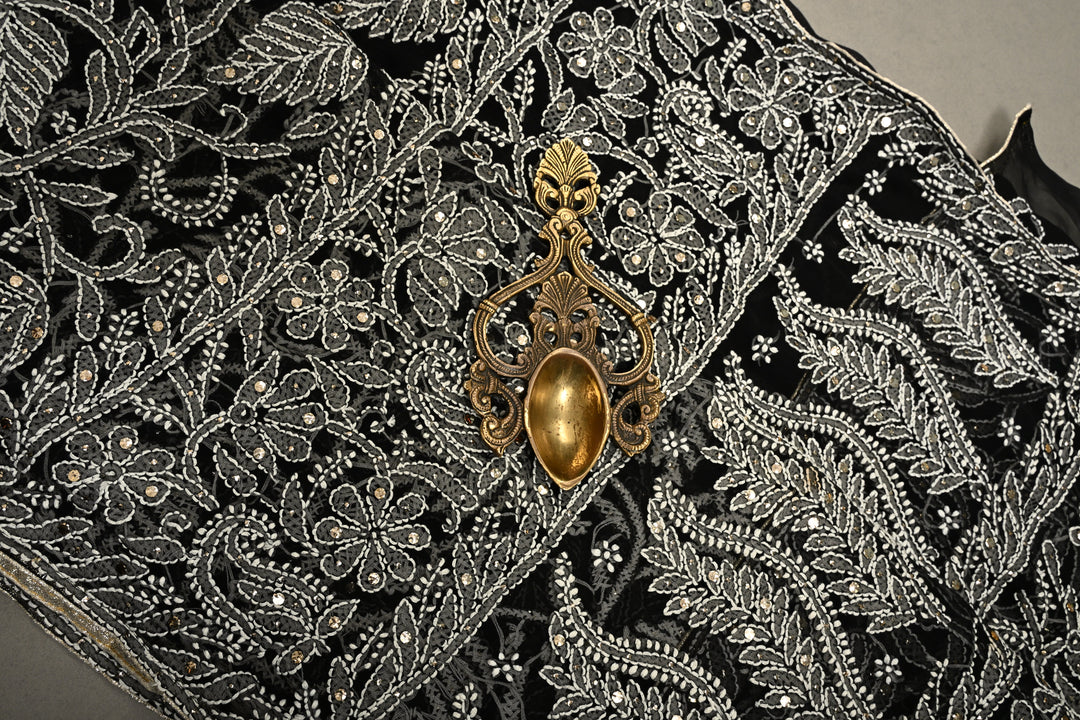 Royal Black Hand-Embroidered Full Jaal Chikankari Georgette Saree with Mukesh work and Contrast Kanjivaram Border | SHOBITAM