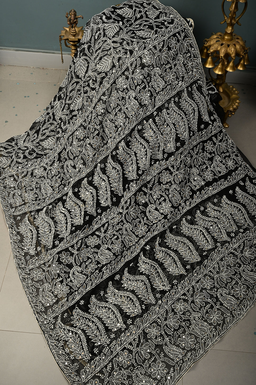 Royal Black Hand-Embroidered Full Jaal Chikankari Georgette Saree with Mukesh work and Contrast Kanjivaram Border | SHOBITAM