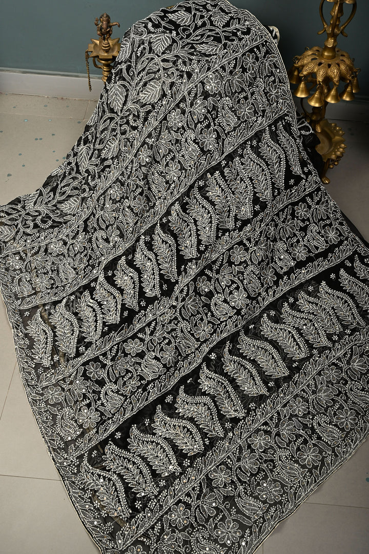 Royal Black Hand-Embroidered Full Jaal Chikankari Georgette Saree with Mukesh work and Contrast Kanjivaram Border | SHOBITAM
