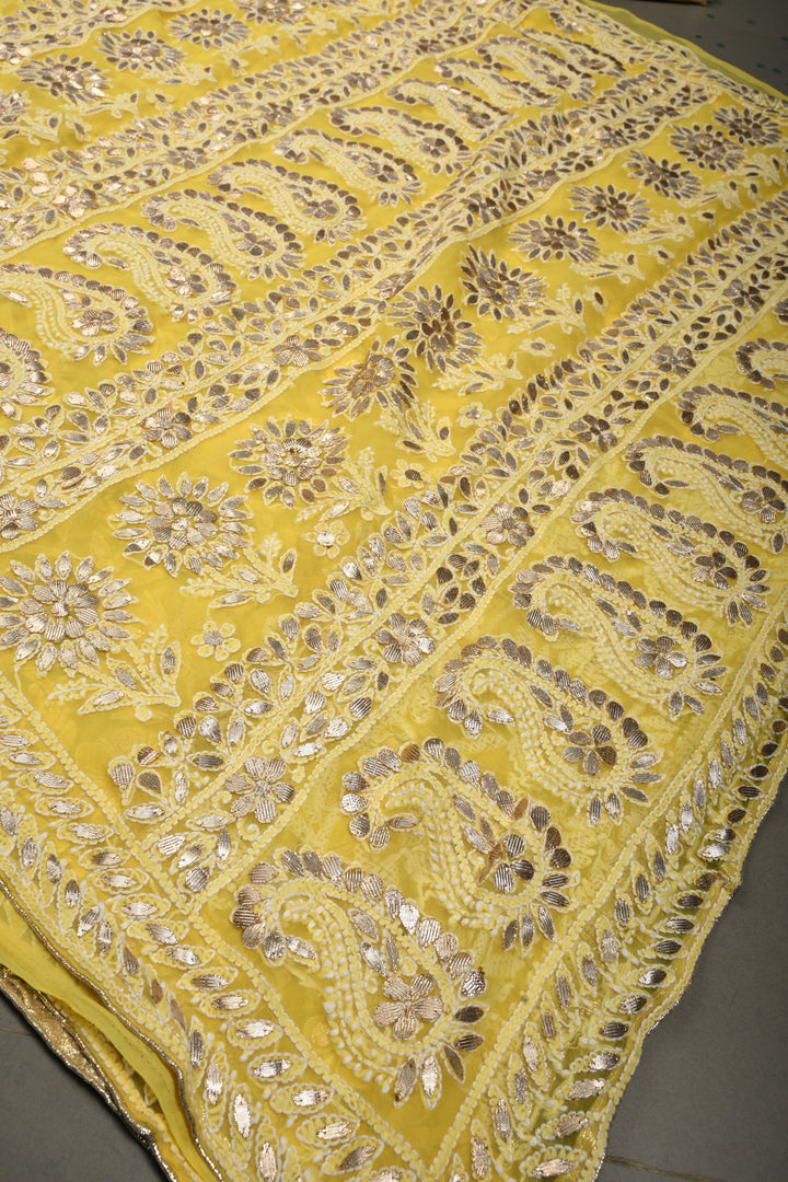 Lemon Yellow Hand-Embroidered Chikankari Georgette Saree with Full Jaal and Gotta Work | SHOBITAM