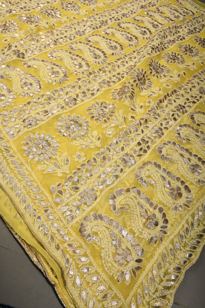 Lemon Yellow Hand-Embroidered Chikankari Georgette Saree with Full Jaal and Gotta Work | SHOBITAM
