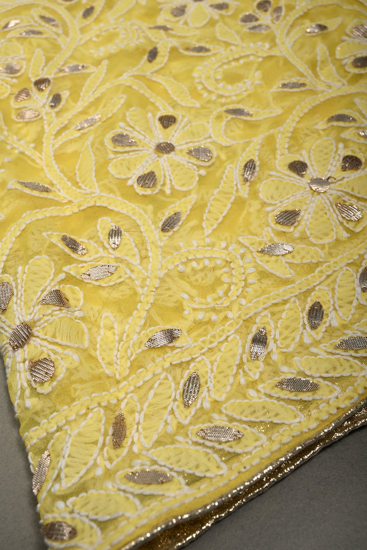 Lemon Yellow Hand-Embroidered Chikankari Georgette Saree with Full Jaal and Gotta Work | SHOBITAM
