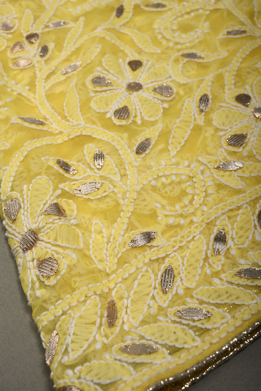 Lemon Yellow Hand-Embroidered Chikankari Georgette Saree with Full Jaal and Gotta Work | SHOBITAM
