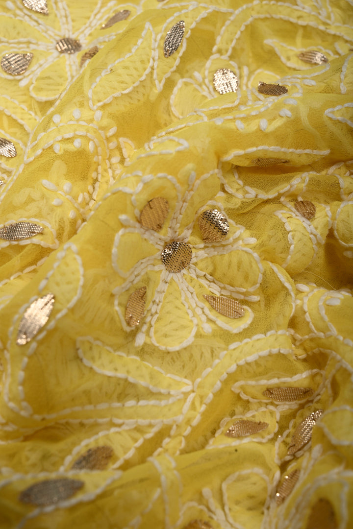 Lemon Yellow Hand-Embroidered Chikankari Georgette Saree with Full Jaal and Gotta Work | SHOBITAM