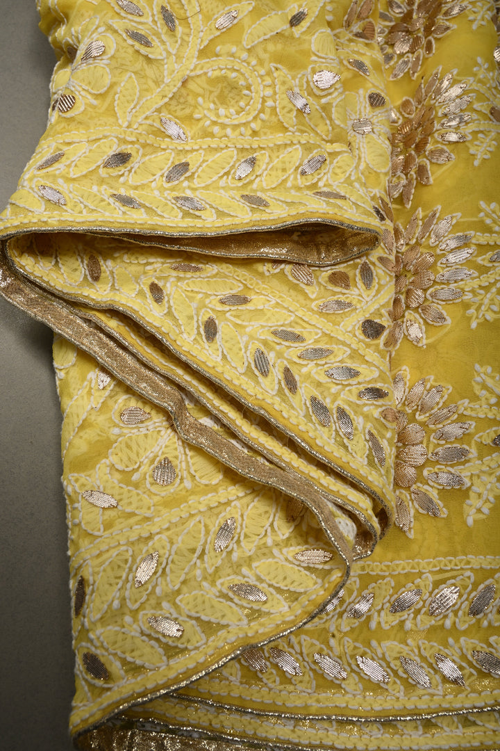 Lemon Yellow Hand-Embroidered Chikankari Georgette Saree with Full Jaal and Gotta Work | SHOBITAM