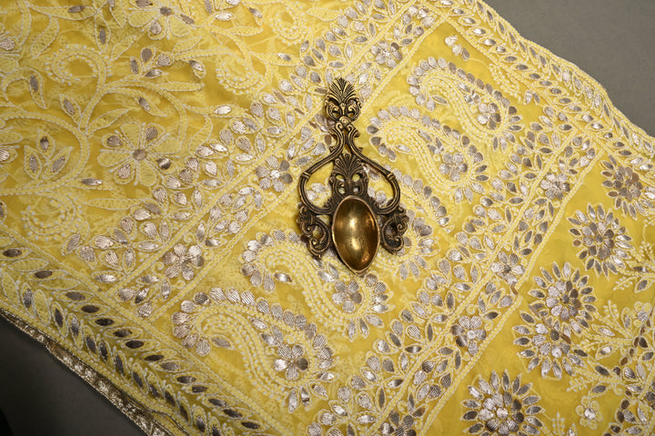 Lemon Yellow Hand-Embroidered Chikankari Georgette Saree with Full Jaal and Gotta Work | SHOBITAM