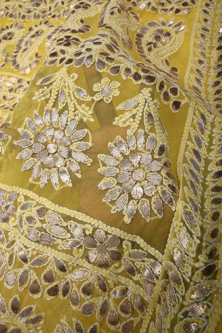 Lemon Yellow Hand-Embroidered Chikankari Georgette Saree with Full Jaal and Gotta Work | SHOBITAM