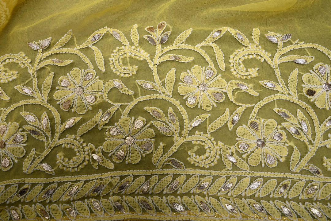 Lemon Yellow Hand-Embroidered Chikankari Georgette Saree with Full Jaal and Gotta Work | SHOBITAM