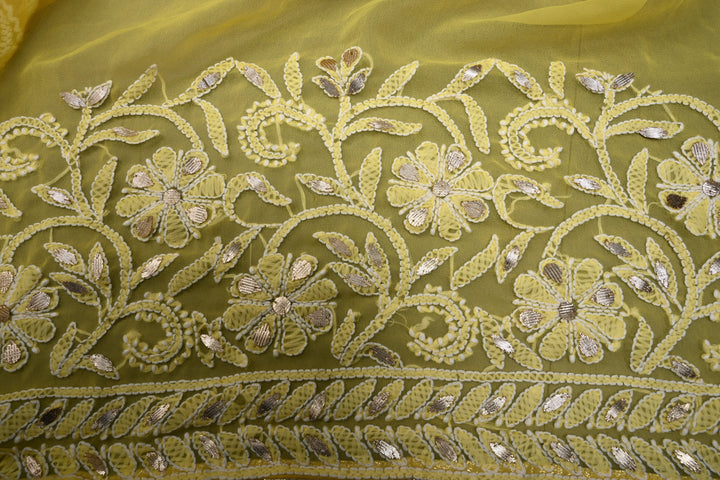 Lemon Yellow Hand-Embroidered Chikankari Georgette Saree with Full Jaal and Gotta Work | SHOBITAM