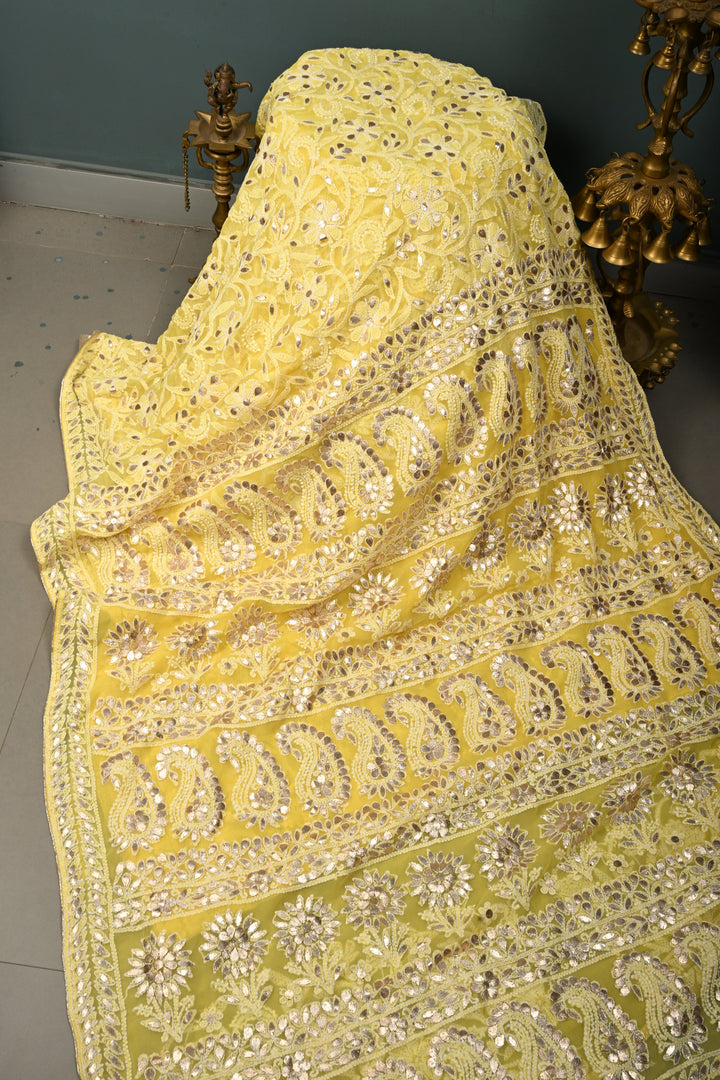 Lemon Yellow Hand-Embroidered Chikankari Georgette Saree with Full Jaal and Gotta Work | SHOBITAM