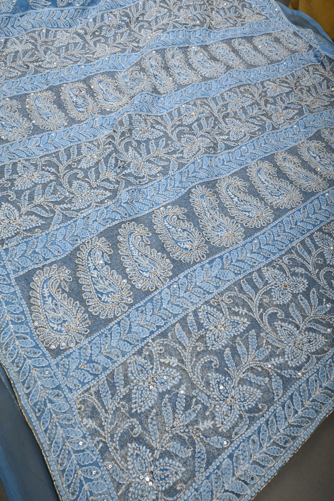 Sky Blue Authentic Hand Chikankari Full Jaal embroidery with Sequin embellishments on  Georgette Saree| Shobitam