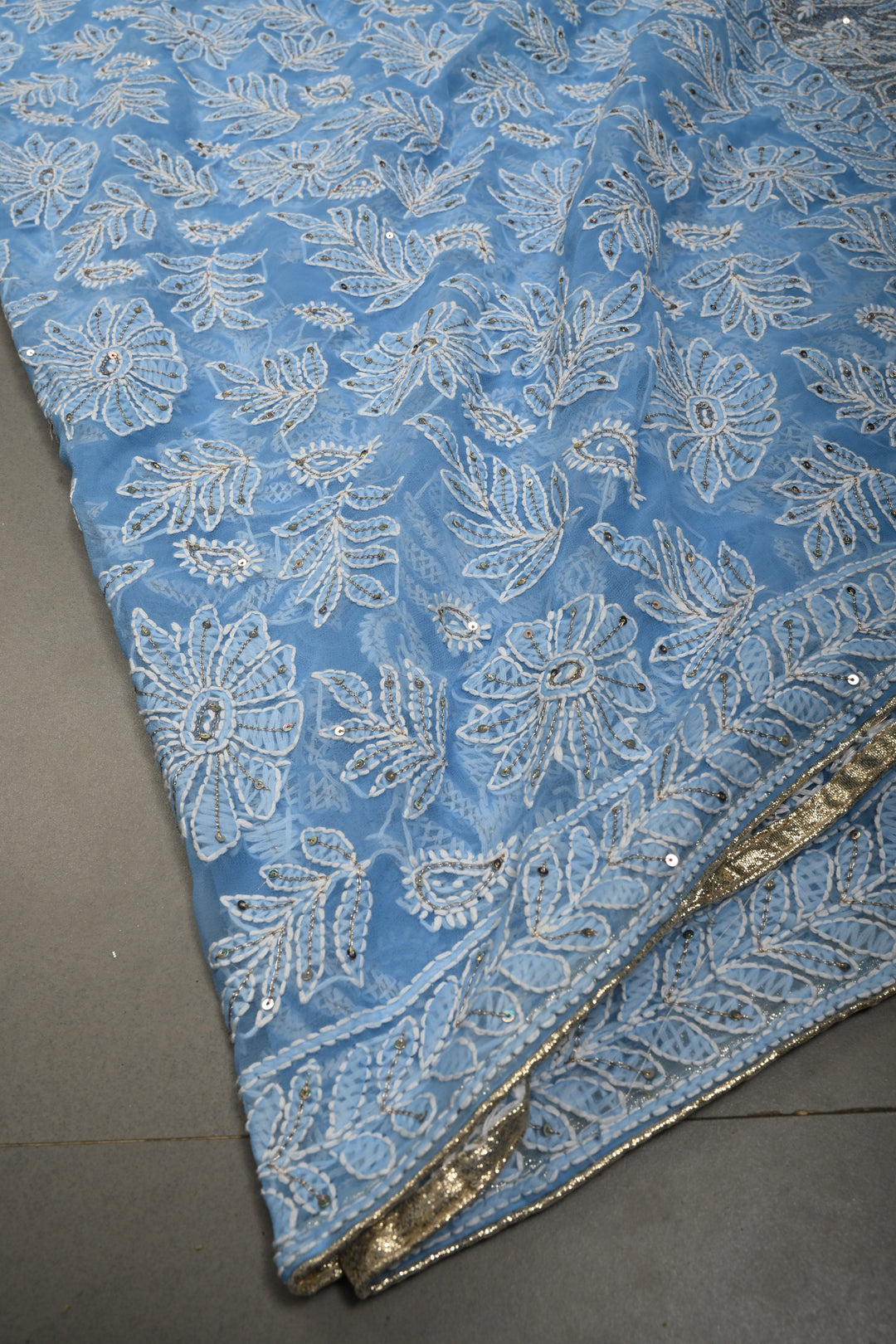 Sky Blue Authentic Hand Chikankari Full Jaal embroidery with Sequin embellishments on  Georgette Saree| Shobitam