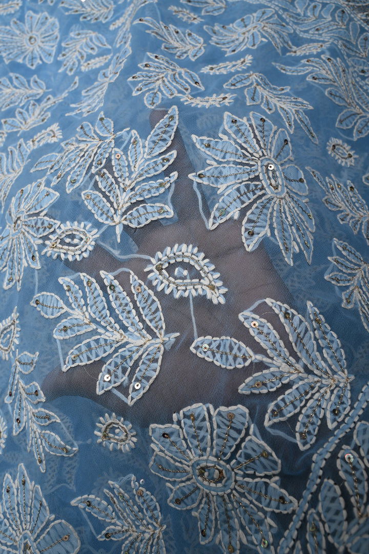 Sky Blue Authentic Hand Chikankari Full Jaal embroidery with Sequin embellishments on  Georgette Saree| Shobitam