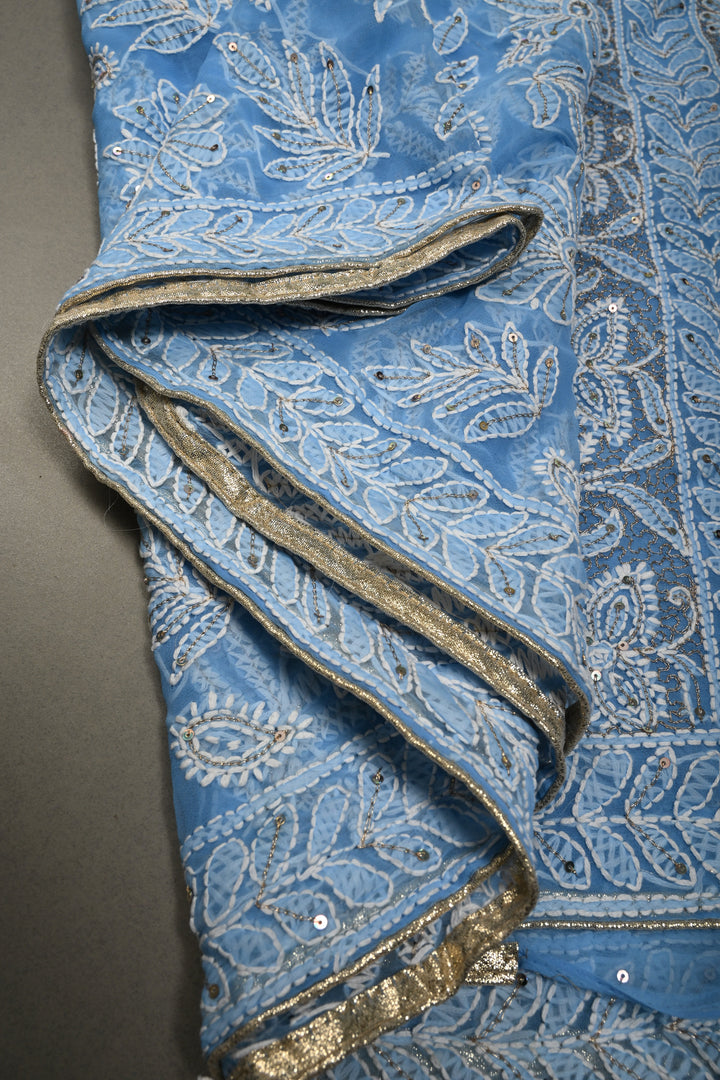 Sky Blue Authentic Hand Chikankari Full Jaal embroidery with Sequin embellishments on  Georgette Saree| Shobitam